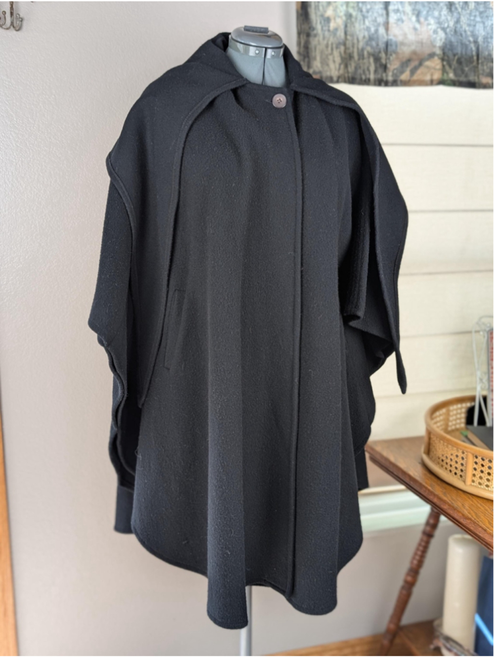 Vintage Forecaster Black Wool Cape Coat – Hooded Cape – Made in USA – Late 1970s